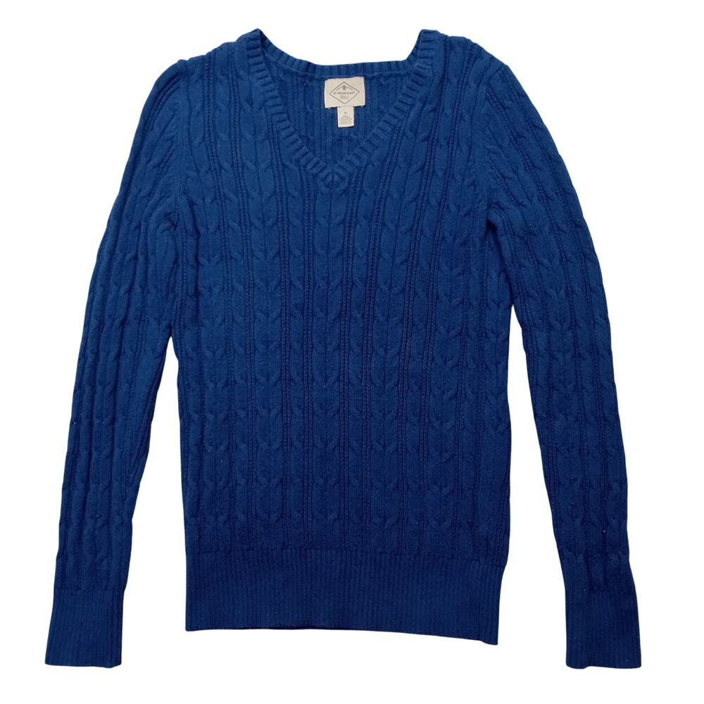 St.John's Bay Sweater S Women's Short Sleeve Pullover Blue Cable Knit